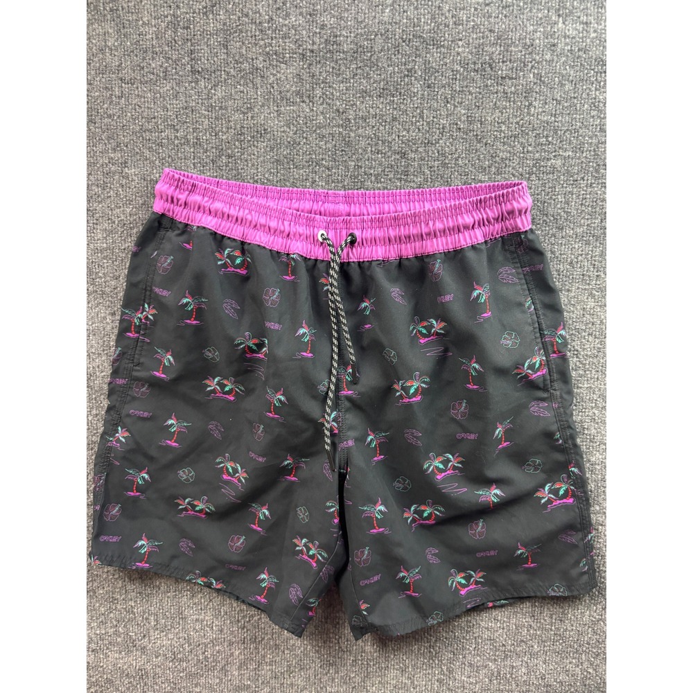Oakley Swim Trunks Mens Small Black Pink Palm Tree Tropical Board Shorts